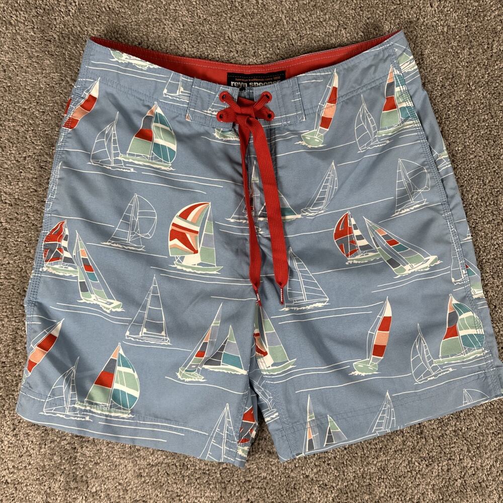 Reyn Spooner Board Shorts Mens 32 Baby Blue AOP Sailboat Schooner Print 7” Vaca